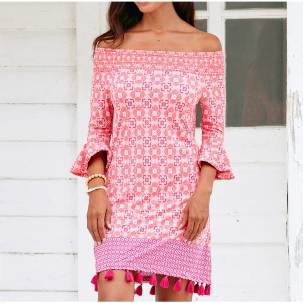 NWT Cabana Life Coverluxe Smocked Off Shoulder Coverup Dress Pink Coral Gables L